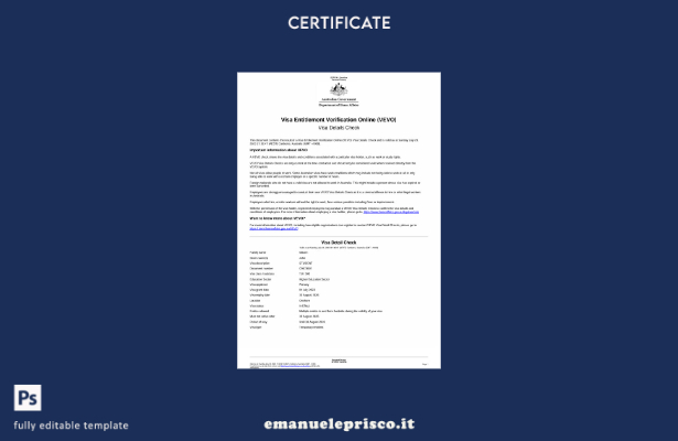modello di certificato () di verifica del diritto al visto australiano in stile 
